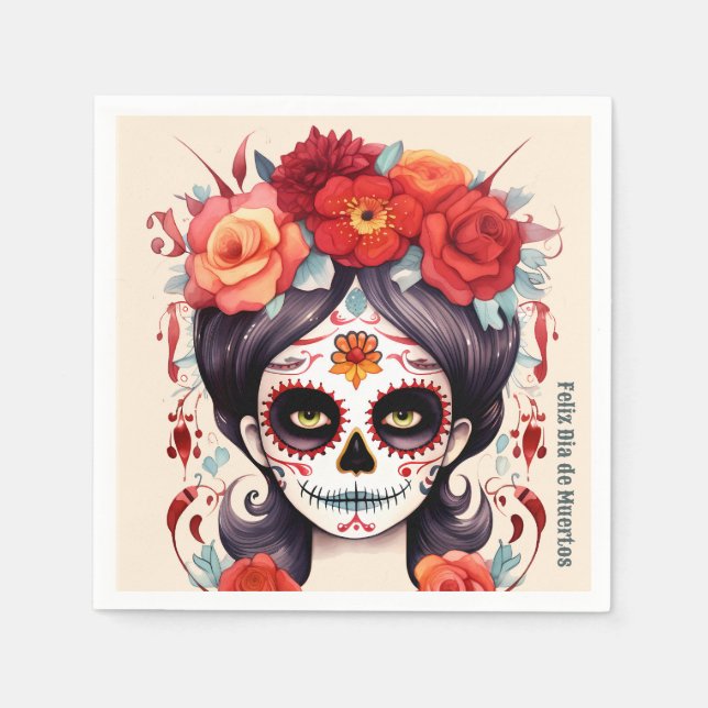 Serviette En Papier La Calavera Catarina en Flores Rojas 🌹 (Devant)