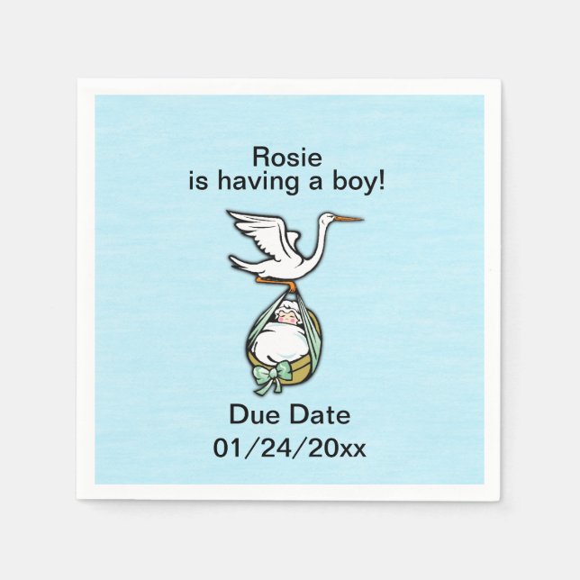 Serviette En Papier La cigogne porte un bébé garçon (Devant)