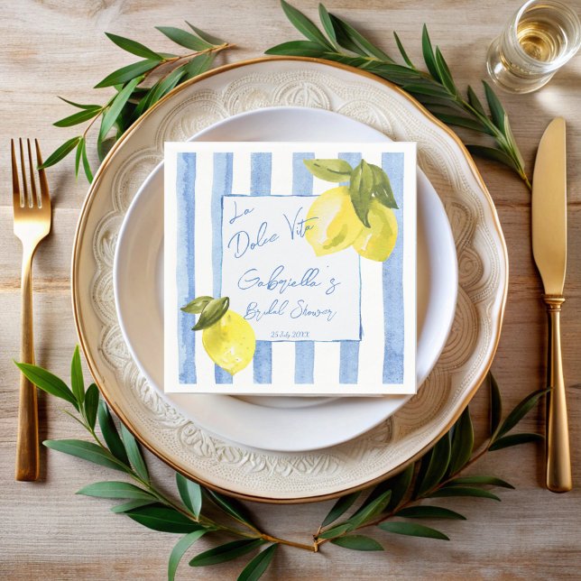 Serviette En Papier La Dolce Vita rayures bleues citrons douche nuptia (La Dolce Vita handrawn blue stripes lemons retro Italian bridal shower monogrammed printed Napkins)