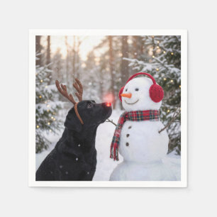 Serviette En Papier Labrador Retriever noir de Noël avec un bonhomme d