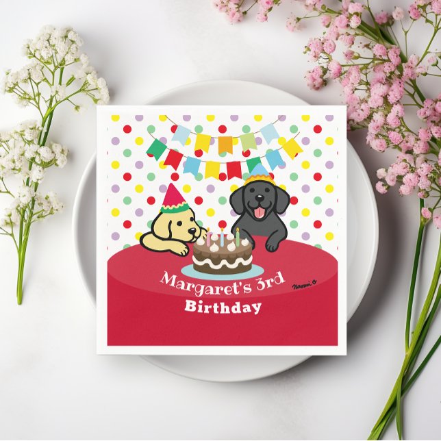 Serviette En Papier Labradors noir et jaune personnalisés Anniversaire (Personalized Black and Yellow Labradors Birthday Paper Napkins for dog lovers birthday party.)
