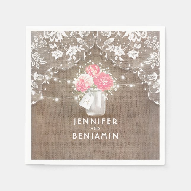 Serviette En Papier Lace Burlap Floral Mason Jar Mariage rustique (Devant)