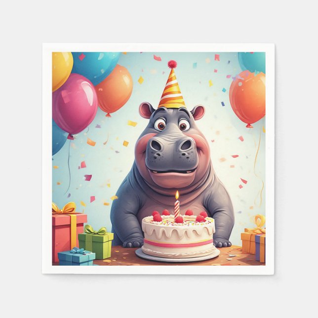 Serviette En Papier L'adorable hippo fête l'anniversaire avec du gâtea (Devant)