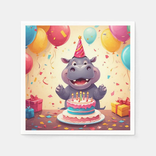 Serviette En Papier L'adorable hippo fête l'anniversaire avec du gâtea (Devant)