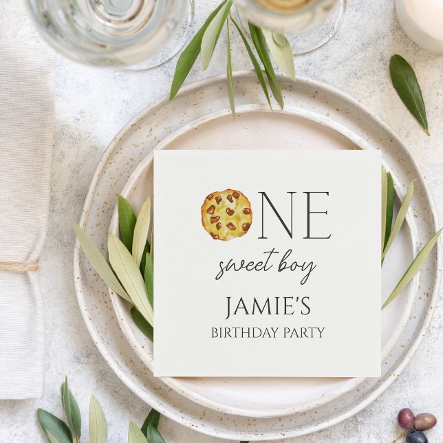 Serviette En Papier Lait et biscuits Sweet One Boy Anniversaire (Milk And Cookies Sweet One Boy Birthday Napkin)