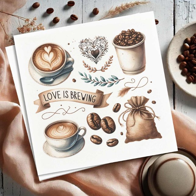 Serviette En Papier L'amour brasse la Fête des mariées (Love is brewing coffee themed paper napkins illustrated art Do Tell A Belle)