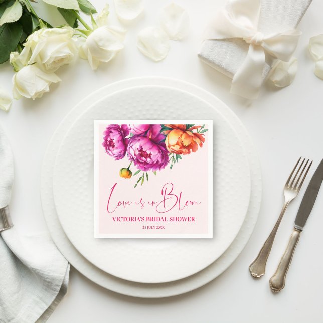 Serviette En Papier L'amour est en fleurs fleur rose en soie imprimée (Love is in bloom pink peony flowers bridal shower monogram printed napkins personalized table decor)
