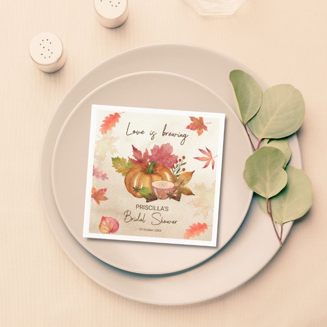 Serviette En Papier L'amour est en train de préparer la fête de mariag (Love is brewing fall autumn bridal shower monogrammed customized napkins template personalized decor)