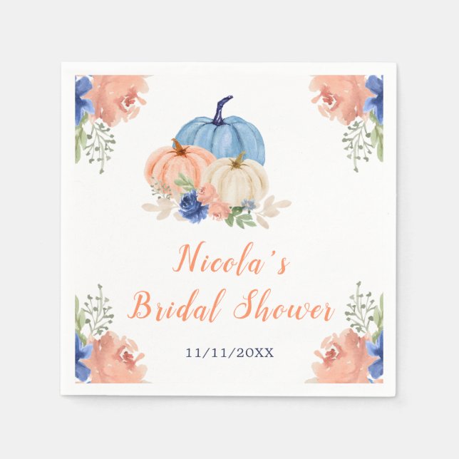 Serviette En Papier Lancement de mariage aux citrouilles florales bleu (Devant)