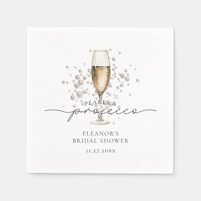 Serviette En Papier Lancement de mariage Perles aquarelle & Prosecco (Devant)