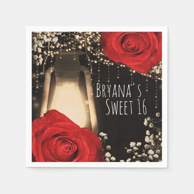 Serviette En Papier Lanterne de lueur rustique brillant Roses rouges B (Devant)