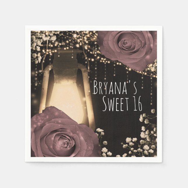 Serviette En Papier Lanterne de lueur rustique Dusty rose Roses (Devant)