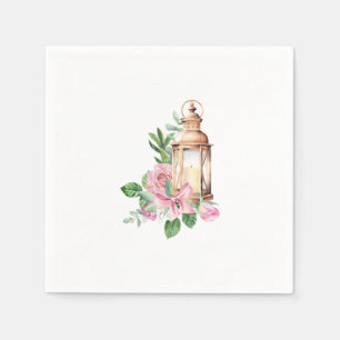 Serviette En Papier Lanterne or aux jolies fleurs roses