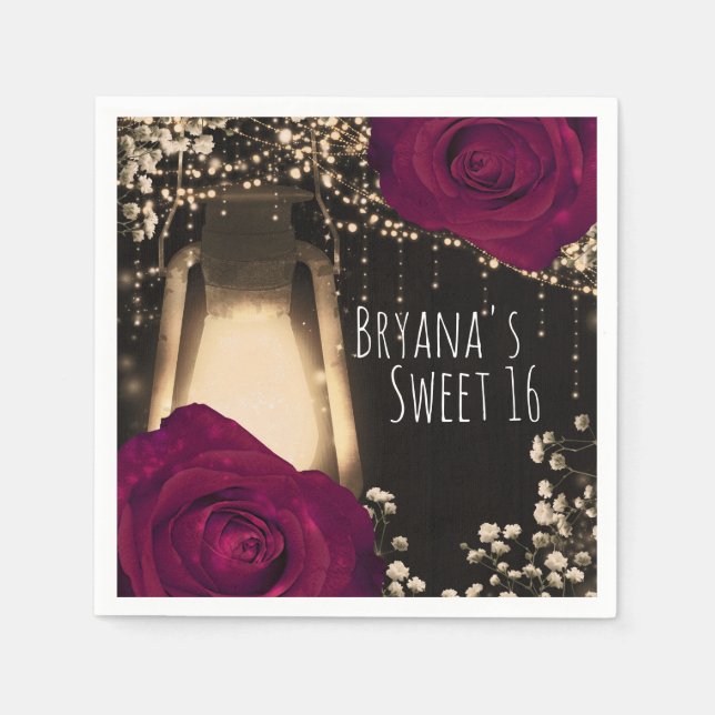 Serviette En Papier Lanterne Rustique Glow Magenta Baies Roses Mariage (Devant)