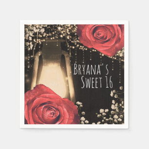 Serviette En Papier Lanterne Rustique Lumineuse Roses Rouges Vintage B