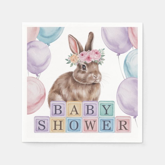 Serviette En Papier Lapin Aquarelle Avec Baby shower Fleur Couronne (Devant)