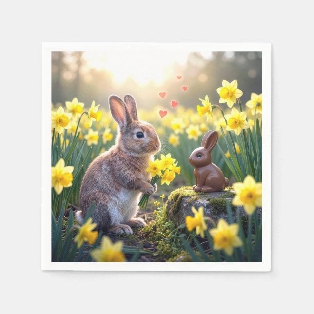 Serviette En Papier Lapin aux jonquilles pour lapin de Pâques en choco (Devant)