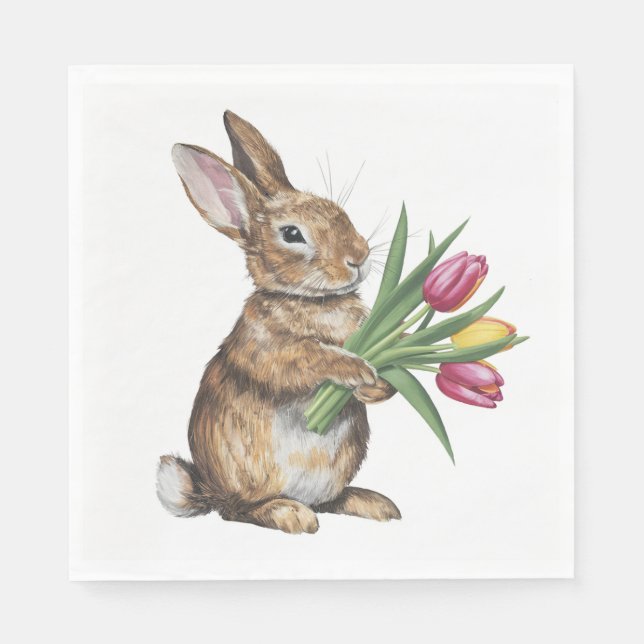 Serviette En Papier Lapin Avec Bouquet Tulip (Devant)