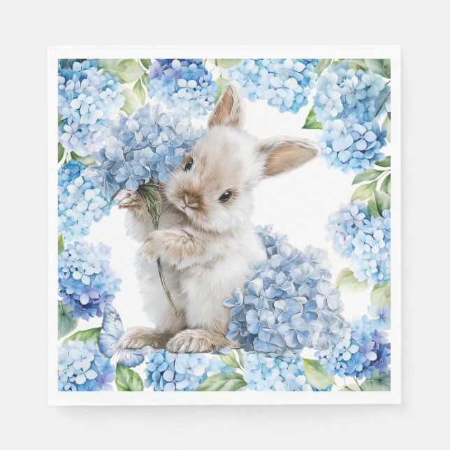 Serviette En Papier Lapin avec fleurs d'hortensia (Devant)