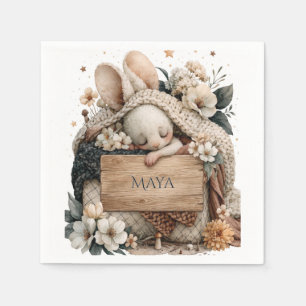 Serviette En Papier Lapin bébé endormi avec couverture tricotée et nom
