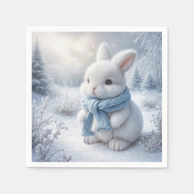 Serviette En Papier Lapin Blanc Avec Écharpe Hiver (Devant)