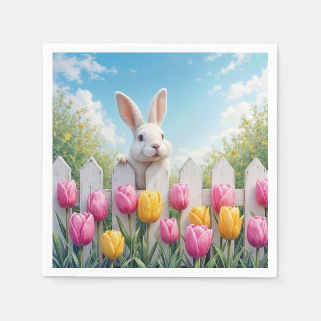 Serviette En Papier Lapin blanc de Pâques dans un jardin de tulipes (Devant)