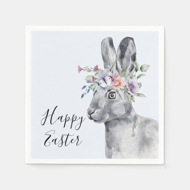 Serviette En Papier Lapin Couronne de Fleurs Aquarelle Pâques   (Devant)