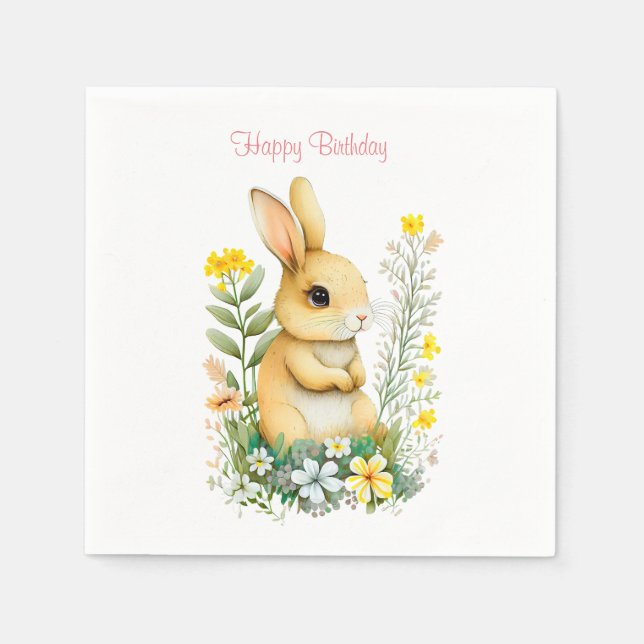 Serviette En Papier Lapin d'anniversaire & Fleurs sur serviettes blanc (Devant)