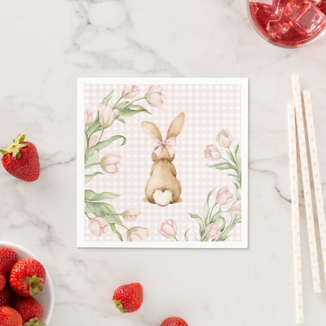 Serviette En Papier Lapin de gingham rose Tulipes Floral  (En situation)
