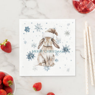 Serviette En Papier Lapin de Noël aux flocons de neige bleus blancs