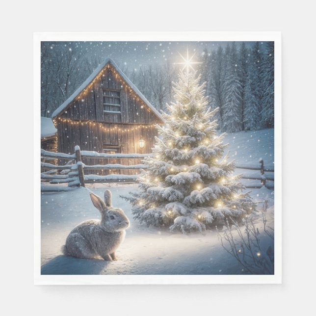Serviette En Papier Lapin de Noël avec arbre brillant et grange (Devant)