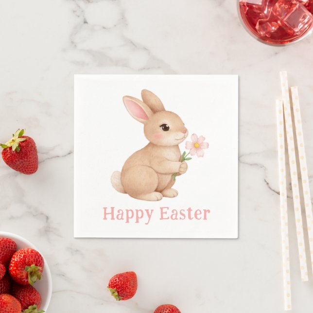 Serviette En Papier Lapin de Pâques avec Fleur Rose Joyeuses Pâques (En situation)