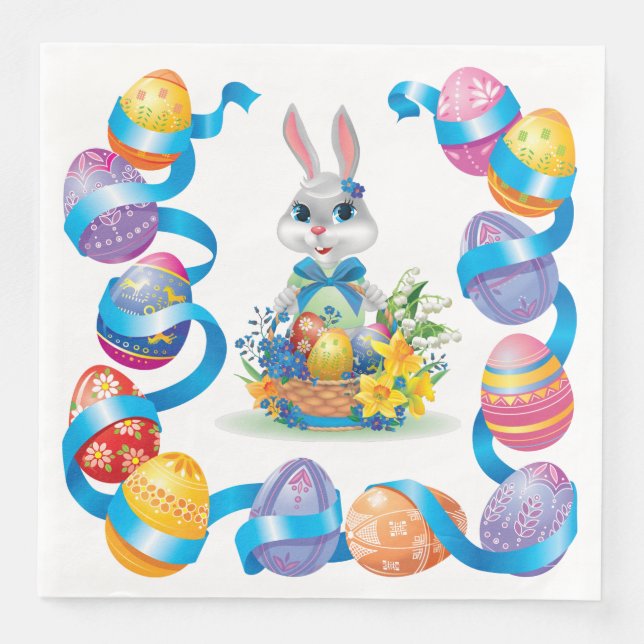 Serviette En Papier Lapin De Pâques Avec Oeufs (Devant)