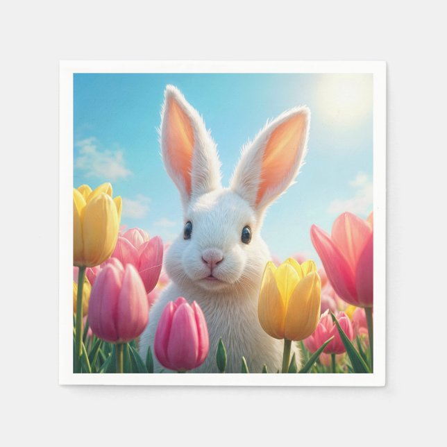 Serviette En Papier Lapin de Pâques blanc dans les tulipes (Devant)