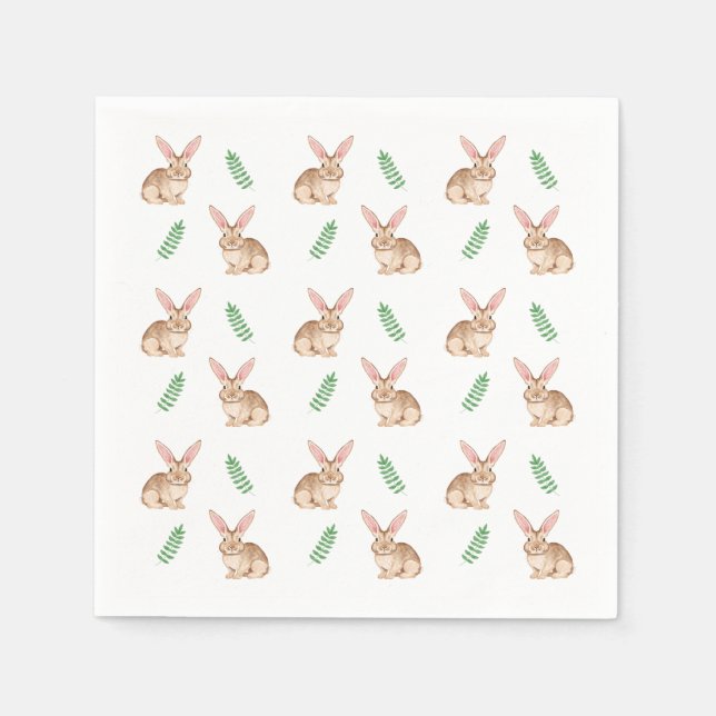 Serviette En Papier Lapin de Pâques brun et motif de verdure à l'aquar (Devant)