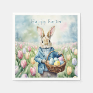 Serviette En Papier Lapin de Pâques dans une prairie de tulipes