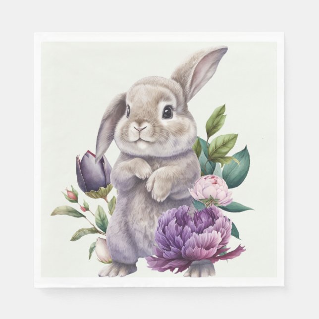 Serviette En Papier Lapin de Pâques et fleurs de pivoines (Devant)