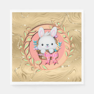 Serviette En Papier Lapin de Pâques mignon assis dans le panier