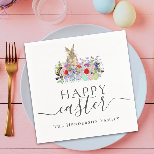 Serviette En Papier Lapin de Pâques mignon personnalisé avec fleurs sa (Personalized happy Easter cute bunny wildflower floral spring party napkin)