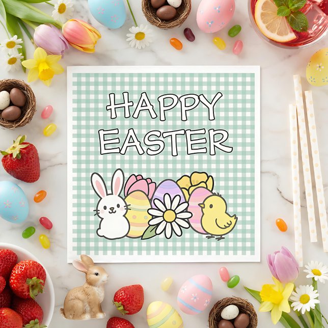 Serviette En Papier Lapin de Pâques Œufs Poulet Floral Gingham Vert (Créateur téléchargé)