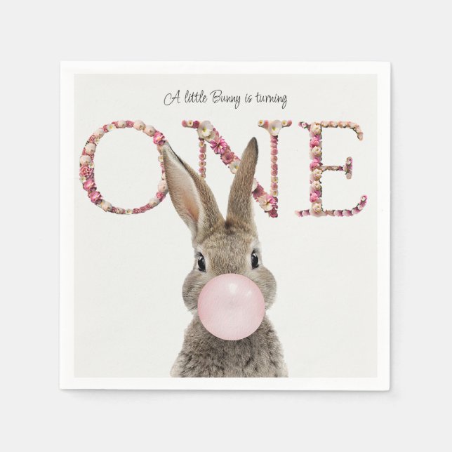 Serviette En Papier Lapin de premier anniversaire soufflant du bubble  (Devant)