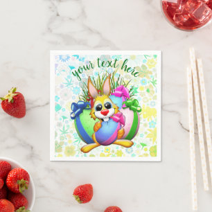 Serviette En Papier Lapin drôle mordant un œuf de Pâques