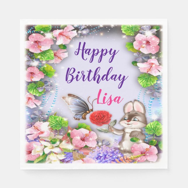 Serviette En Papier Lapin Et Papillon Fête D'Anniversaire (Devant)