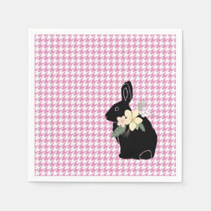 Serviette En Papier Lapin Fleurs Silhouette Rose Houndstooth Pâques