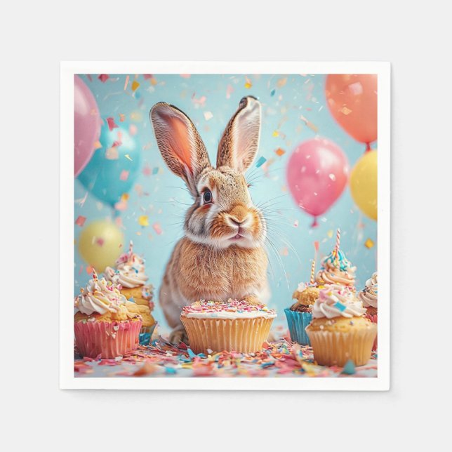 Serviette En Papier Lapin joyeux célébrant avec des cupcakes (Devant)