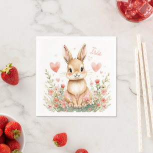 Serviette En Papier Lapin mignon aquarelle coeurs roses floral bois