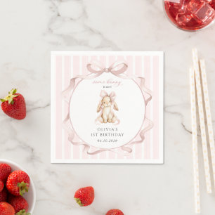 Serviette En Papier Lapin Mignon, Nœud Rose, Rayures Roses, Premier An