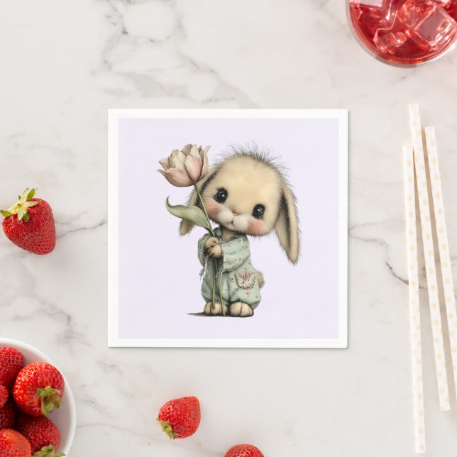 Serviette En Papier Lapin mignon tenant une Tulipe (En situation)