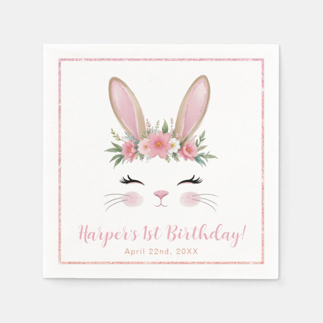 Serviette En Papier Lapin rose Floral Premier Anniversaire (Devant)