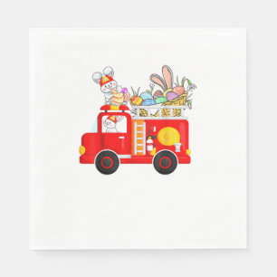Serviette En Papier Lapin roulant sur un camion de pompiers Jour de Pâ